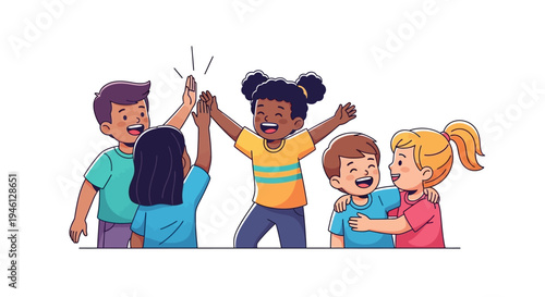 A diverse group of happy children celebrating and having fun together with a joyful atmosphere