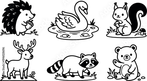 Cute black and white vector illustrations of forest animals including hedgehog with acorn swan on pond squirrel with nut and fox deer raccoon and sitting bear