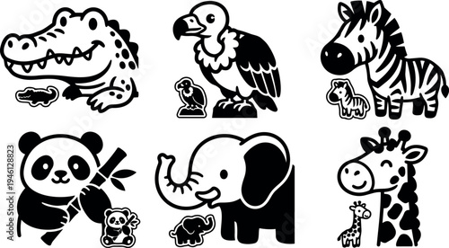 Cute black and white minimalist flat design animal icons including crocodile vulture zebra panda elephant and giraffe with baby versions