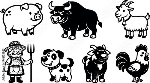 Cute farmer woman holding pitchfork with happy pig angry bull smiling dog cheerful goat and proud rooster black and white vector art