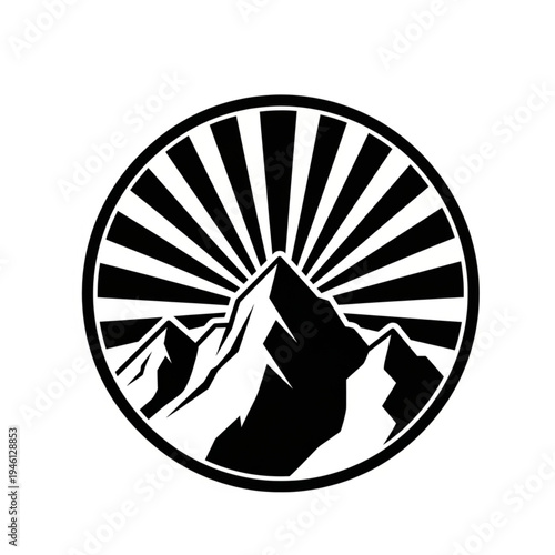 Stylized mountain range silhouette with sunburst rays emanating from behind the peaks, enclosed in a circular frame.