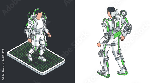 Isometric robotic exoskeleton suit on digital grid for physical rehabilitation and mobility concept