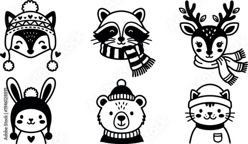 Cute winter animal faces in black and white with winter accessories including hats and scarves vector art cartoon style