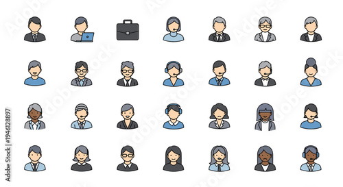 Diverse business people avatar icons and professional briefcase set