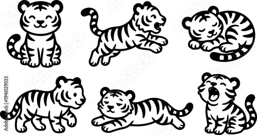 Cute cartoon tiger cubs in various playful poses sitting jumping sleeping walking and yawning black and white vector art set