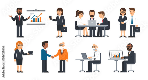 Diverse business people working, meeting, and collaborating in office settings