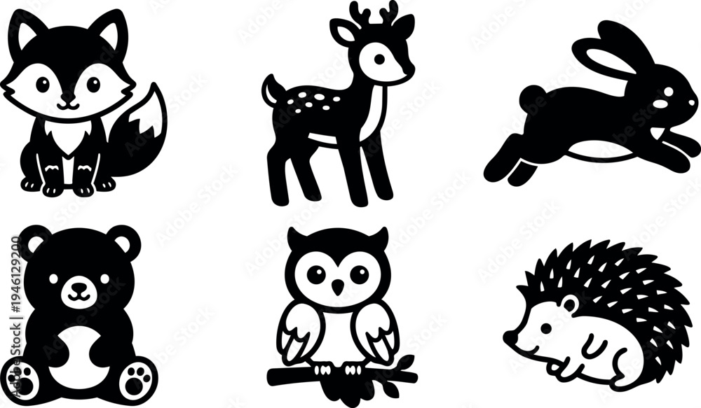 Fototapeta premium Cute black and white woodland animals vector art featuring fox sitting deer standing rabbit running bear sitting owl perched hedgehog crawling simple design