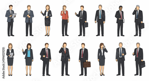 Diverse business professionals set in suits with various poses