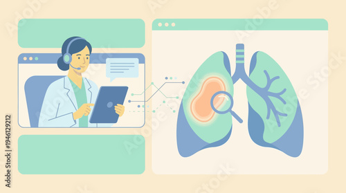 Telehealth remote medical consultation with female doctor and digital lung diagnostic interface