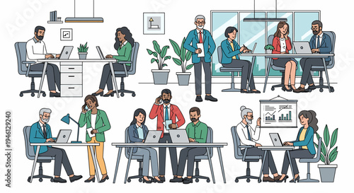 Diverse business professionals working and collaborating in a modern office