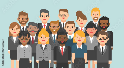 Diverse business team smiling in flat corporate illustration