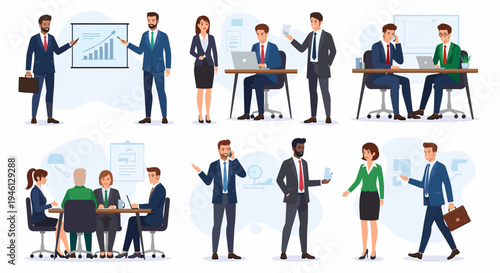 Diverse business professionals working in various office and corporate scenarios