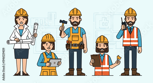 Diverse construction and engineering team with hard hats and tools