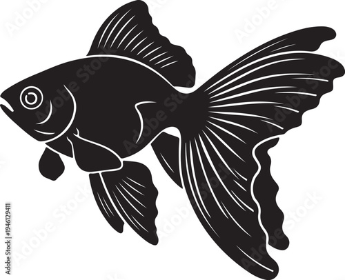 Elegant black silhouette of a common goldfish, showcasing its characteristic plump body and beautiful, flowing tail and fins. A simple, iconic graphic.