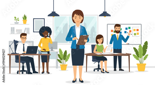 Diverse business team collaborating in a modern office workspace