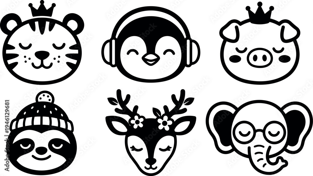 Obraz premium Cute black and white animal faces vector set smiling tiger pig penguin deer sloth elephant with crown headphones and glasses