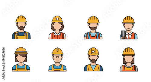 Diverse construction workers and engineers wearing safety helmets avatars