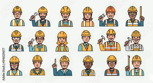 Diverse construction worker avatars with hard hats and various tools