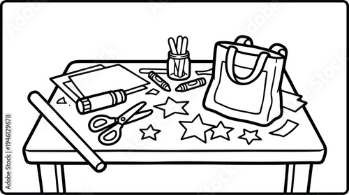 Black and white line art drawing of crafting tools on table with scissors glue star shapes paper and bag for creative art projects
