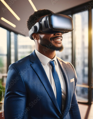 A black man professional wearing a navy suit and white shirt smiles while experiencing virtual reality through a VR headset in a modern office environment. Generative AI