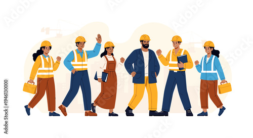 Diverse construction workers team walking together at job site