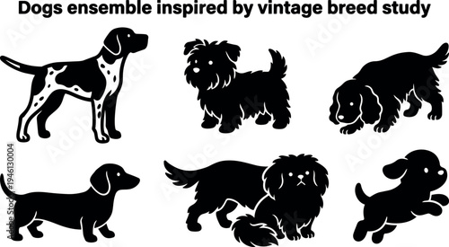 Vintage style black silhouette dog breeds ensemble with various poses and profiles showing detailed canine features in vector art