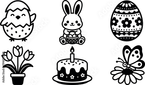 Cute black and white vector art set including smiling chick in eggshell bunny holding basket decorated egg pot with tulips birthday cake with candle and butterfly on flower