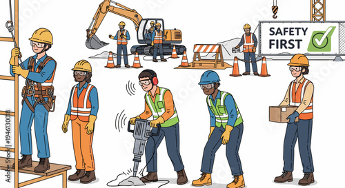 Diverse construction workers performing various tasks emphasizing safety first