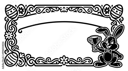 Easter Egg Hunt Winner Certificate Template border frame  Vector, Printable Kids Award Diploma with Bunny Line Art Illustration on Black Background, Spring Holiday Event Recognition Design