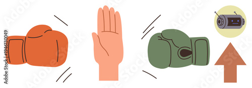 Conflict resolution, surveillance, negotiation, boxing, peacekeeping, monitoring actions. Two boxing gloves facing an open hand with a camera and arrow. Conflict resolution and surveillance concept