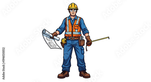 Male construction worker holding blueprint and measuring tape