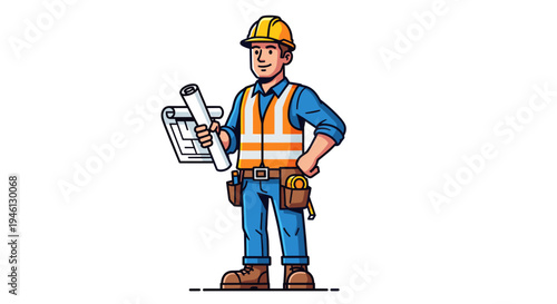 Male construction worker holding blueprint and wearing safety gear