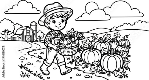 Black and white line art farmer boy carrying basket of harvested vegetables walking on curved path near pumpkin patch and barn in countryside