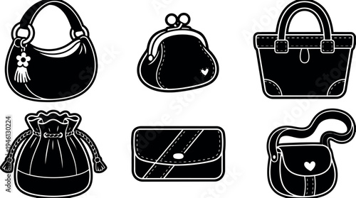 Black silhouette vector design collection of six different purse handbag shapes with decorative stitching and closures
