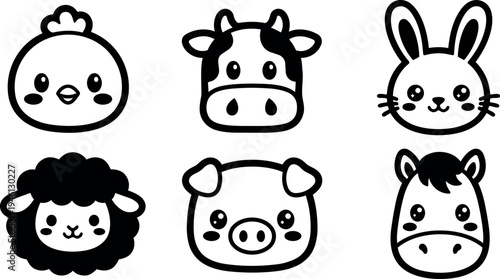 Cute black and white farm animal faces vector art including smiling chicken pig cow sheep rabbit and horse with simple line style