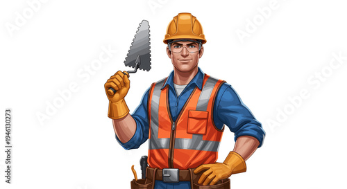 Male construction worker in safety vest holding a trowel