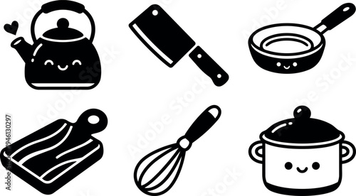 Minimalist black kitchen utensils vector art including kettle with heart frying pan chopping board whisk and cooking pot icons set