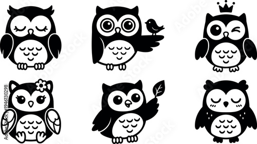 Cute cartoon owl collection with flower crown and leaf holding playful wing and winking owl in flat design style black silhouette set