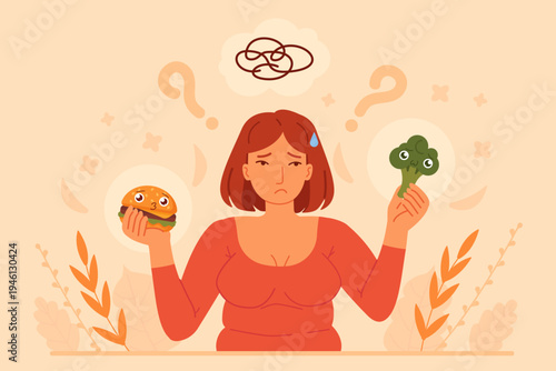 Young woman holding burger and broccoli while feeling unsure about food choice. Concept of healthy and unhealthy eating, diet decision and nutrition balance. Stock vector illustration in flat cartoon