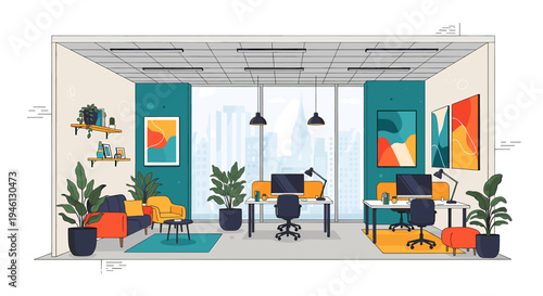 Modern open office interior with workstations, lounge and city view