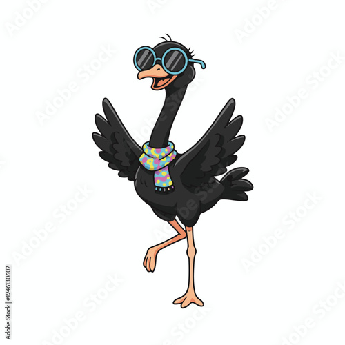 Cartoon ostrich wearing sunglasses and a colorful scarf