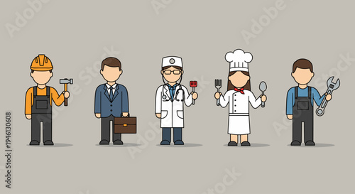 Diverse professional people in various occupations with work tools