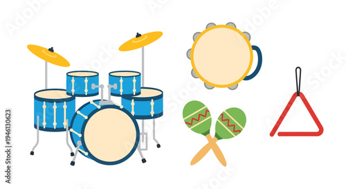 Drum set, tambourine, maracas, triangle illustration, vector style graphic, music concept