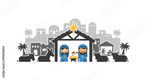 Nativity scene illustration, vector graphic, Christmas holiday design, religious concept
