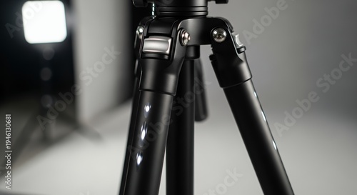 Professional black camera tripod standing in a studio with softbox lighting in the background, ready for a photoshoot.