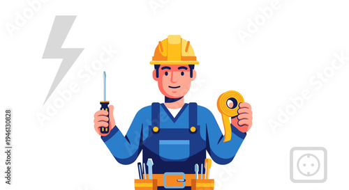 Professional electrician holding screwdriver and electrical tape