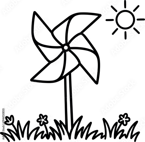 Black and white line art pinwheel spinning in grass with sun shining above simple minimalist vector design