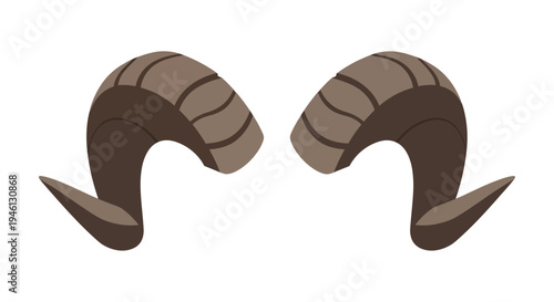 Ram Horns Vector Illustration, Flat Design, Symbol of Aries Zodiac Sign, Isolated on White, for Design