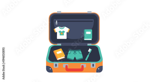 Suitcase with clothes illustration, vector style graphic, travel concept, vacation, packing
