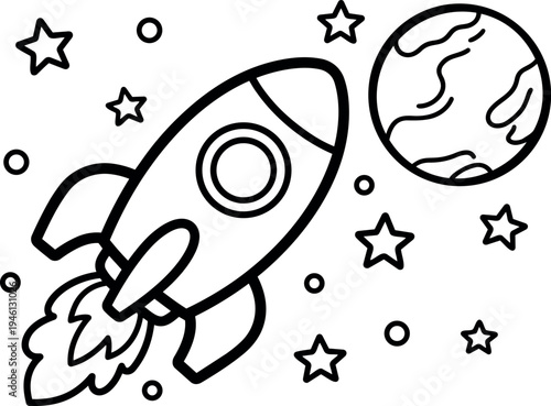Black and white line art rocket ship flying toward planet with stars and space dots vector illustration